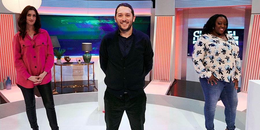 Channel Hopping With Jon Richardson. Image shows from L to R: Jessica Knappett, Jon Richardson, Judi Love. Copyright: Rumpus Media