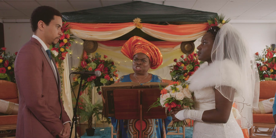 Chewing Gum. Image shows from L to R: Ronald (John MacMillan), Joy (Shola Adewusi), Cynthia (Susan Wokoma). Copyright: Retort