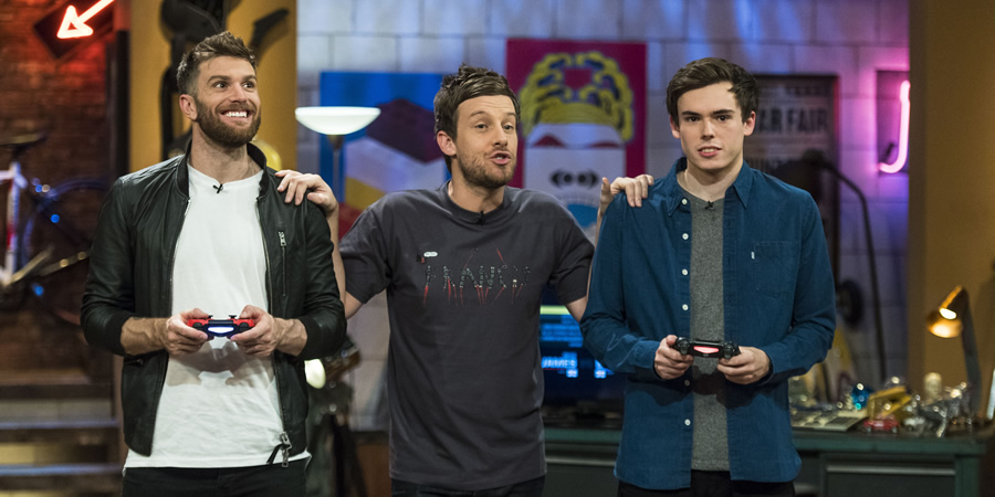 The Chris Ramsey Show. Image shows from L to R: Joel Dommett, Chris Ramsey, Rhys James. Copyright: Avalon Television