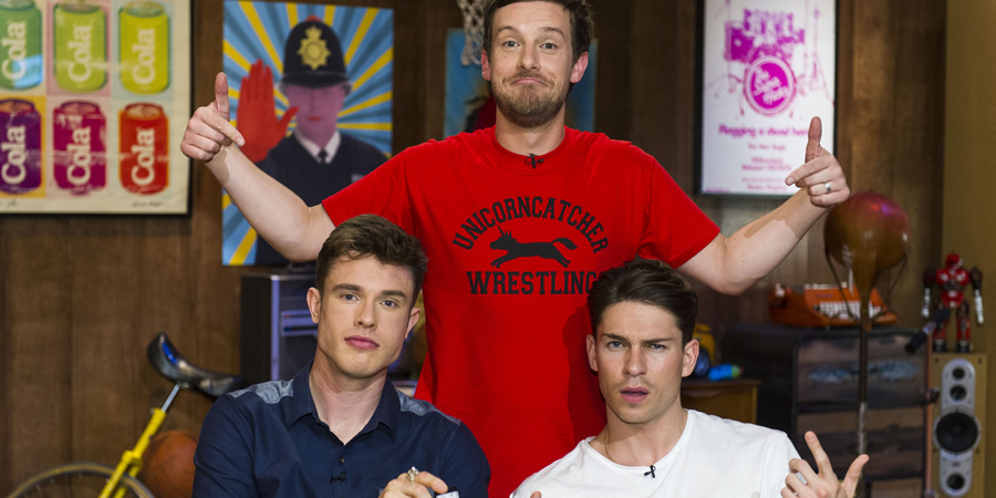 The Chris Ramsey Show. Image shows from L to R: Ed Gamble, Chris Ramsey, Joey Essex. Copyright: Avalon Television