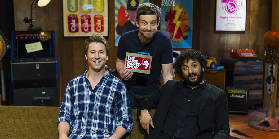 The Chris Ramsey Show. Image shows from L to R: Carl Hutchinson, Chris Ramsey, Nish Kumar. Copyright: Avalon Television