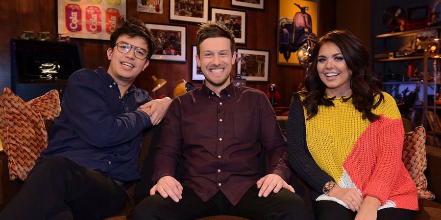 The Chris Ramsey Show. Image shows from L to R: Phil Wang, Chris Ramsey, Scarlett Moffatt. Copyright: Avalon Television