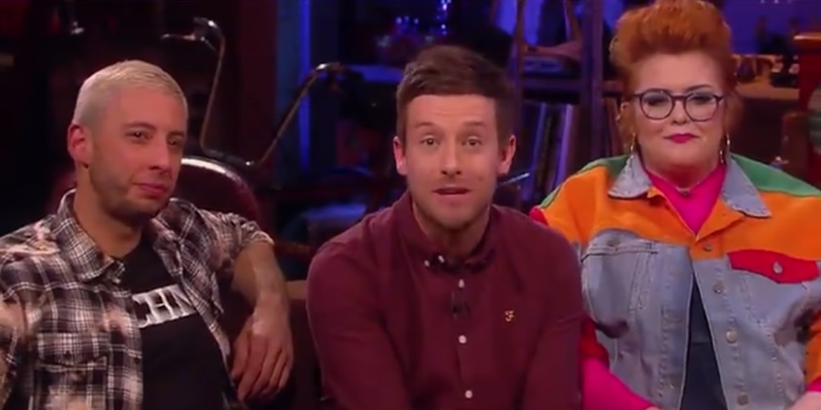 The Chris Ramsey Show. Image shows from L to R: Example, Chris Ramsey, Jayde Adams. Copyright: Avalon Television