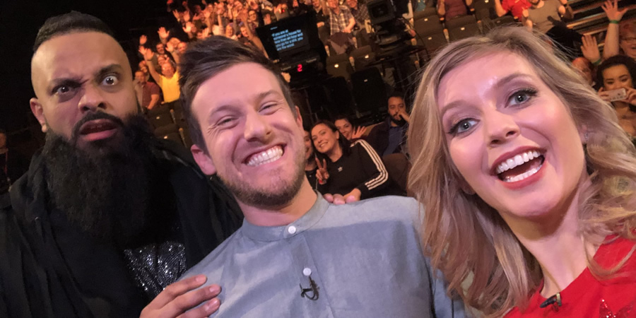 The Chris Ramsey Show. Image shows from L to R: Guz Khan, Chris Ramsey, Rachel Riley. Copyright: Avalon Television