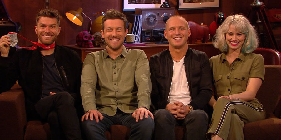 The Chris Ramsey Show. Image shows from L to R: Joel Dommett, Chris Ramsey, Jamie Laing, Kimberly Wyatt. Copyright: Avalon Television