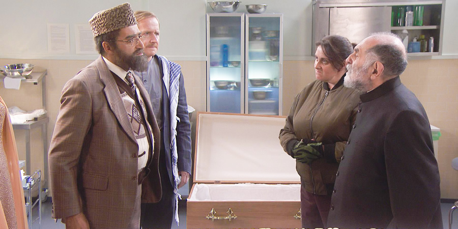 Citizen Khan. Image shows from L to R: Mr Khan (Adil Ray), Dave (Matthew Cottle), Pinky (Julia Nelson), Mr Gul (Renu Setna). Copyright: BBC