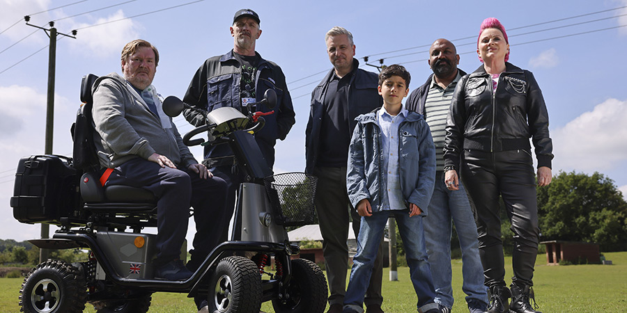 The Cleaner. Image shows left to right: Simon (Vaun Earl Norman), Paul 'Wicky' Wickstead (Greg Davies), Justin (Ben Willbond), Danny (Zachary Cohen), Dicky Daw (Naveed Khan), Marnie (Rosie Cavaliero)