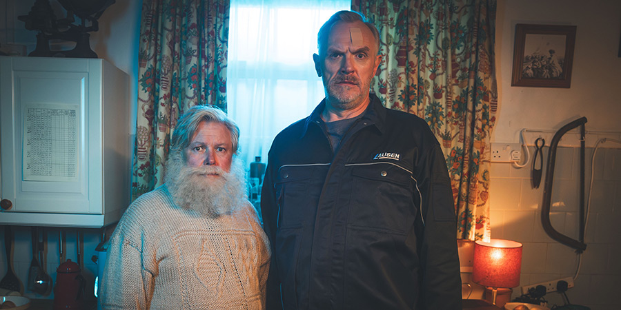 The Cleaner. Image shows left to right: Brennan (Conleth Hill), Paul 'Wicky' Wickstead (Greg Davies)