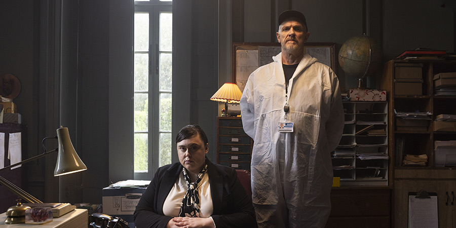 The Cleaner. Image shows left to right: Sue (Sharon Rooney), Paul 'Wicky' Wickstead (Greg Davies)