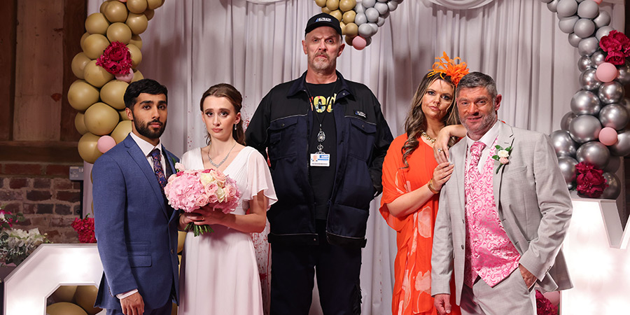 The Cleaner. Image shows left to right: Manish (Chaneil Kular), Anne-Marie (Sophia Dall'Aglio), Paul 'Wicky' Wickstead (Greg Davies), Vivien Mammot (Rebekah Staton), Bob Mammot (Harry Peacock)