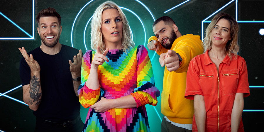 Comedians Giving Lectures. Image shows from L to R: Joel Dommett, Sara Pascoe, Kae Kurd, Lou Sanders