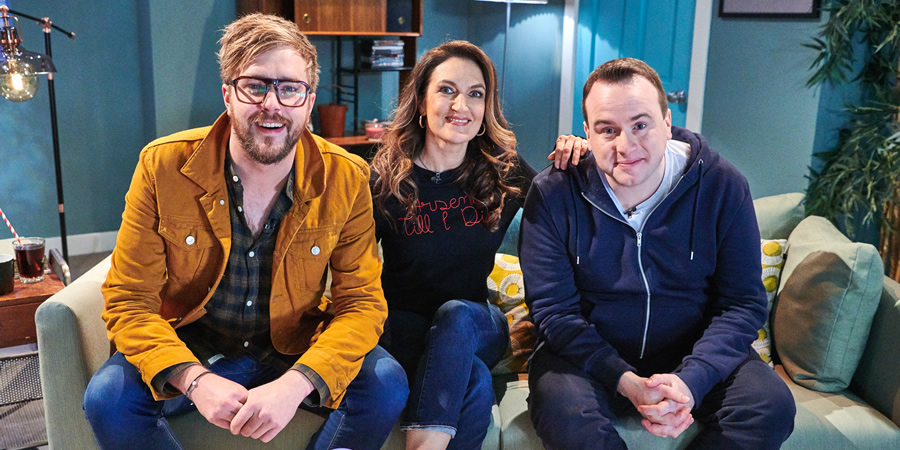 Comedians Watching Football With Friends. Image shows from L to R: Iain Stirling, Emily Dean, Matt Forde. Copyright: Avalon Television