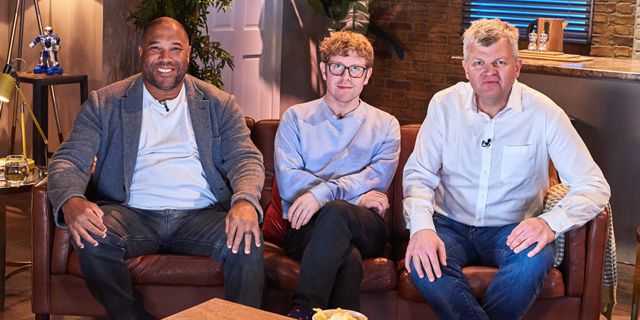 Comedians Watching Football With Friends. Image shows from L to R: John Barnes, Josh Widdicombe, Adrian Chiles. Copyright: Avalon Television