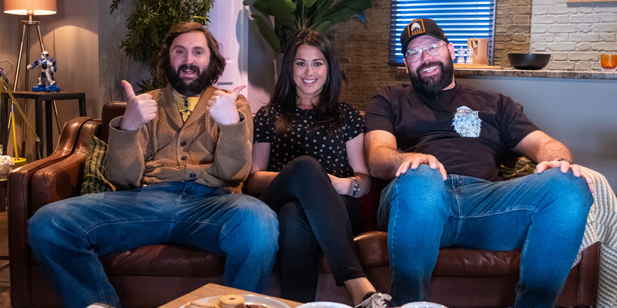 Comedians Watching Football With Friends. Image shows from L to R: Joe Wilkinson, Sam Quek, Tom Davis. Copyright: Avalon Television