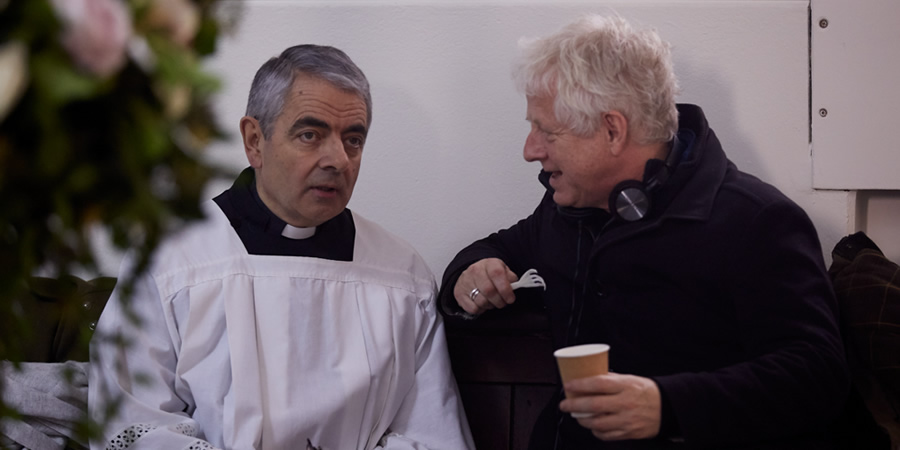 Comic Relief. Image shows from L to R: Father Gerald (Rowan Atkinson), Richard Curtis. Copyright: BBC