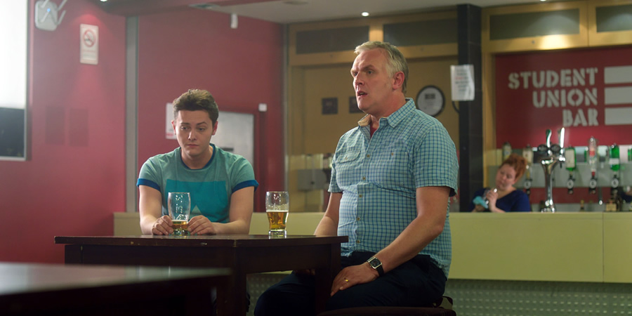 Cuckoo. Image shows from L to R: Dylan (Tyger Drew-Honey), Ken (Greg Davies). Copyright: Roughcut Television