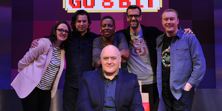 Dara O Briain's Go 8 Bit. Image shows from L to R: Ellie Gibson, Sam Pamphilon, Gina Yashere, Dara O Briain, Marcus Brigstocke, Steve McNeil. Copyright: DLT Entertainment Ltd.