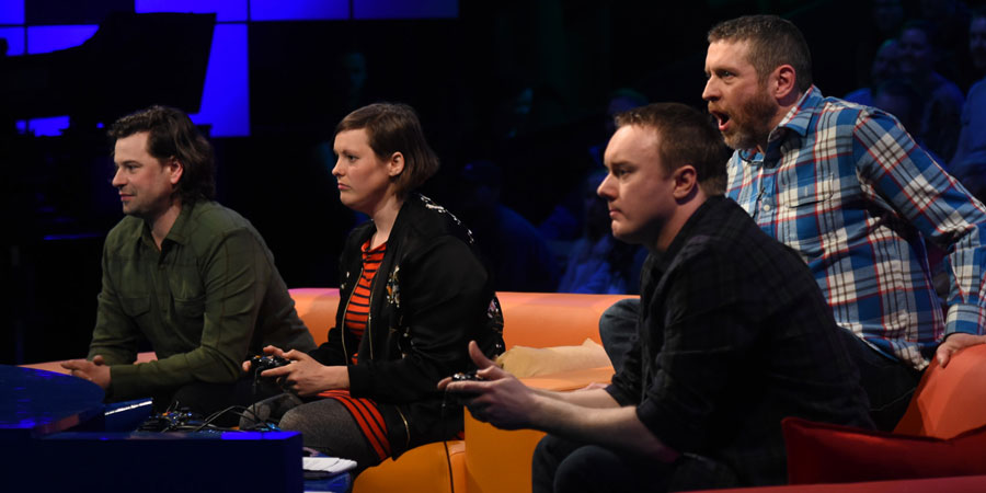 Dara O Briain's Go 8 Bit. Image shows from L to R: Sam Pamphilon, Josie Long, Steve McNeil, Dave Gorman. Copyright: DLT Entertainment Ltd.