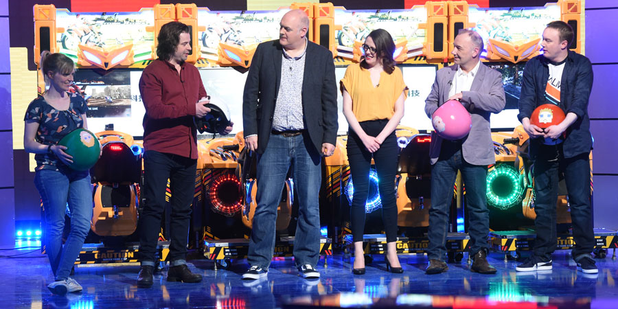 Dara O Briain's Go 8 Bit. Image shows from L to R: Holly Walsh, Sam Pamphilon, Dara O Briain, Ellie Gibson, Bob Mortimer, Steve McNeil. Copyright: DLT Entertainment Ltd.