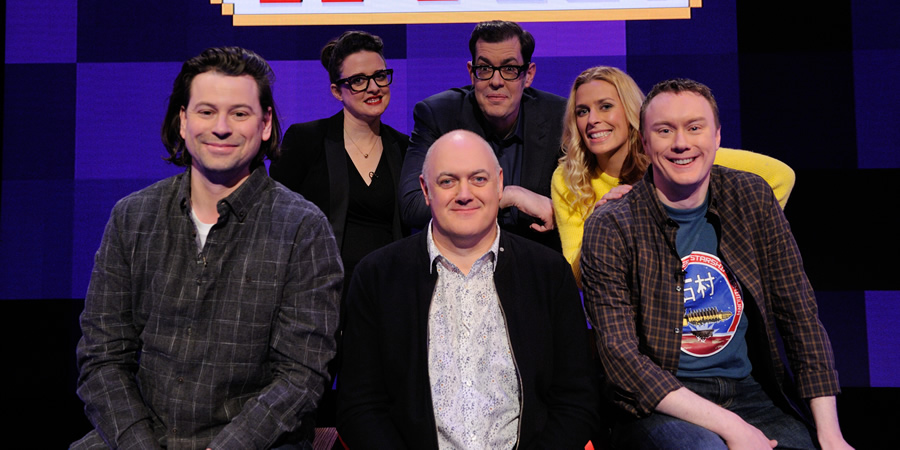 Dara O Briain's Go 8 Bit. Image shows from L to R: Sam Pamphilon, Ellie Gibson, Dara O Briain, Richard Osman, Sara Pascoe, Steve McNeil. Copyright: DLT Entertainment Ltd.