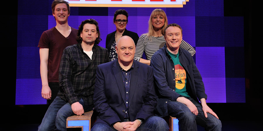 Dara O Briain's Go 8 Bit. Image shows from L to R: Daniel Sloss, Sam Pamphilon, Ellie Gibson, Dara O Briain, Sara Cox, Steve McNeil. Copyright: DLT Entertainment Ltd.