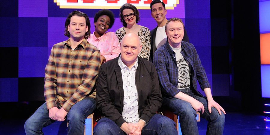 Dara O Briain's Go 8 Bit. Image shows from L to R: Sam Pamphilon, Lolly Adefope, Dara O Briain, Ellie Gibson, Russell Kane, Steve McNeil. Copyright: DLT Entertainment Ltd.