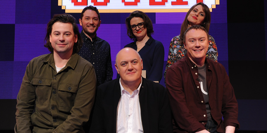 Dara O Briain's Go 8 Bit. Image shows from L to R: Sam Pamphilon, Jon Richardson, Dara O Briain, Ellie Gibson, Ellie Taylor, Steve McNeil. Copyright: DLT Entertainment Ltd.