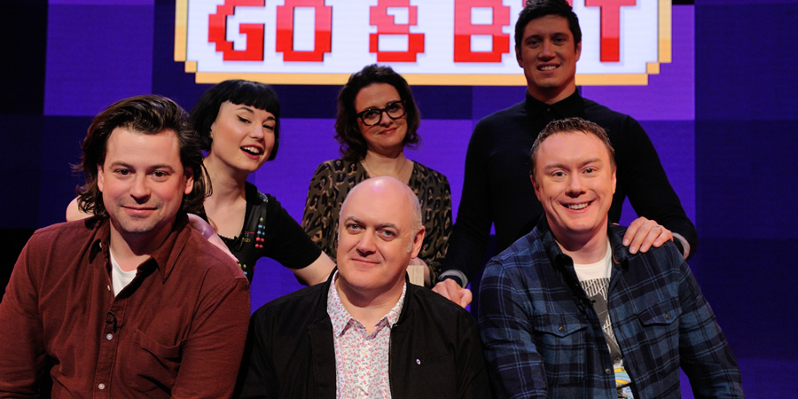 Dara O Briain's Go 8 Bit. Image shows from L to R: Sam Pamphilon, Bec Hill, Dara O Briain, Ellie Gibson, Vernon Kay, Steve McNeil. Copyright: DLT Entertainment Ltd.