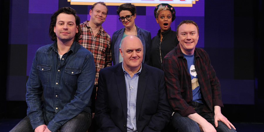 Dara O Briain's Go 8 Bit. Image shows from L to R: Sam Pamphilon, Robert Webb, Dara O Briain, Ellie Gibson, Gemma Cairney, Steve McNeil. Copyright: DLT Entertainment Ltd.