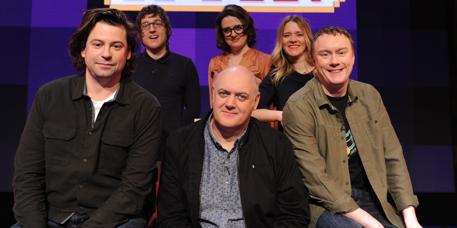 Dara O Briain's Go 8 Bit. Image shows from L to R: Sam Pamphilon, Elis James, Dara O Briain, Ellie Gibson, Edith Bowman, Steve McNeil. Copyright: DLT Entertainment Ltd.