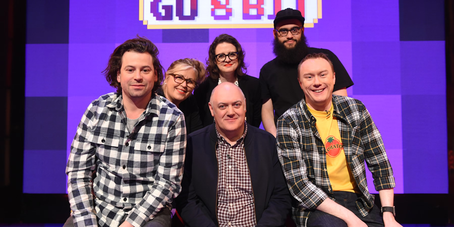 Dara O Briain's Go 8 Bit. Image shows from L to R: Sam Pamphilon, Liza Tarbuck, Ellie Gibson, Dara O Briain, Jamali Maddix, Steve McNeil. Copyright: DLT Entertainment Ltd.