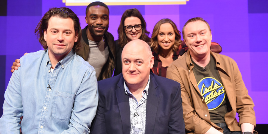 Dara O Briain's Go 8 Bit. Image shows from L to R: Sam Pamphilon, Ore Oduba, Dara O Briain, Ellie Gibson, Kerry Howard, Steve McNeil. Copyright: DLT Entertainment Ltd.