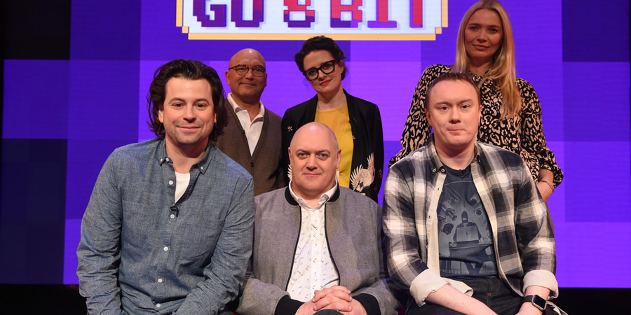 Dara O Briain's Go 8 Bit. Image shows from L to R: Sam Pamphilon, Gregg Wallace, Dara O Briain, Ellie Gibson, Steve McNeil, Jodie Kidd. Copyright: DLT Entertainment Ltd.