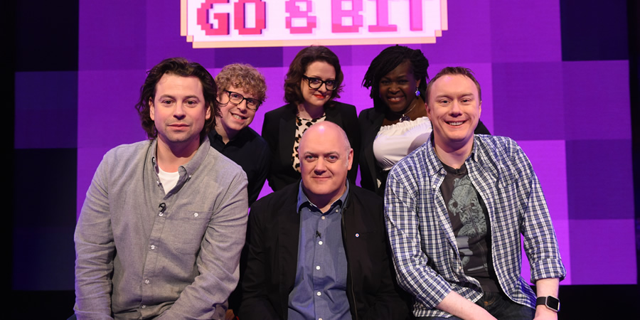 Dara O Briain's Go 8 Bit. Image shows from L to R: Sam Pamphilon, Josh Widdicombe, Steve McNeil, Dara O Briain, Maggie Aderin-Pocock. Copyright: DLT Entertainment Ltd.