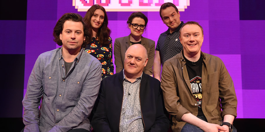 Dara O Briain's Go 8 Bit. Image shows from L to R: Sam Pamphilon, Jessica Knappett, Ellie Gibson, Dara O Briain, Matt Forde, Steve McNeil. Copyright: DLT Entertainment Ltd.