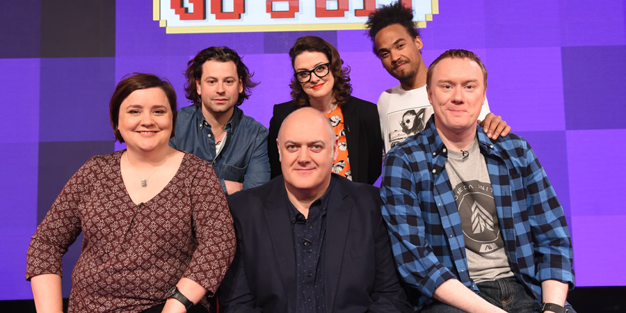 Dara O Briain's Go 8 Bit. Image shows from L to R: Susan Calman, Sam Pamphilon, Dara O Briain, Ellie Gibson, Devin Griffin, Steve McNeil. Copyright: DLT Entertainment Ltd.