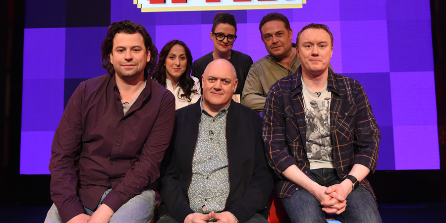 Dara O Briain's Go 8 Bit. Image shows from L to R: Sam Pamphilon, Natalie Cassidy, Dara O Briain, Ellie Gibson, John Thomson, Steve McNeil. Copyright: DLT Entertainment Ltd.