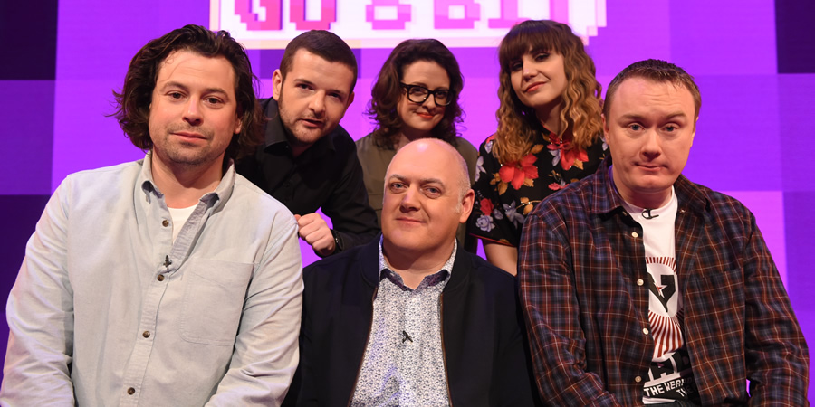 Dara O Briain's Go 8 Bit. Image shows from L to R: Sam Pamphilon, Kevin Bridges, Dara O Briain, Ellie Gibson, Natasia Demetriou, Steve McNeil. Copyright: DLT Entertainment Ltd.