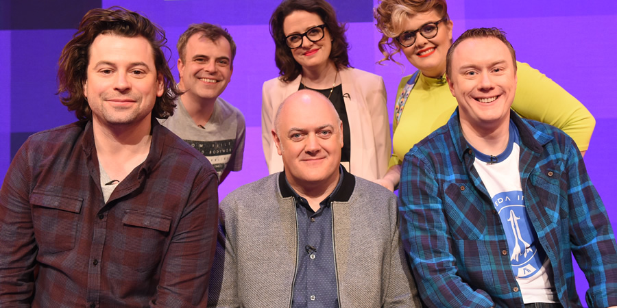 Dara O Briain's Go 8 Bit. Image shows from L to R: Sam Pamphilon, Simon Gregson, Dara O Briain, Ellie Gibson, Jayde Adams, Steve McNeil. Copyright: DLT Entertainment Ltd.