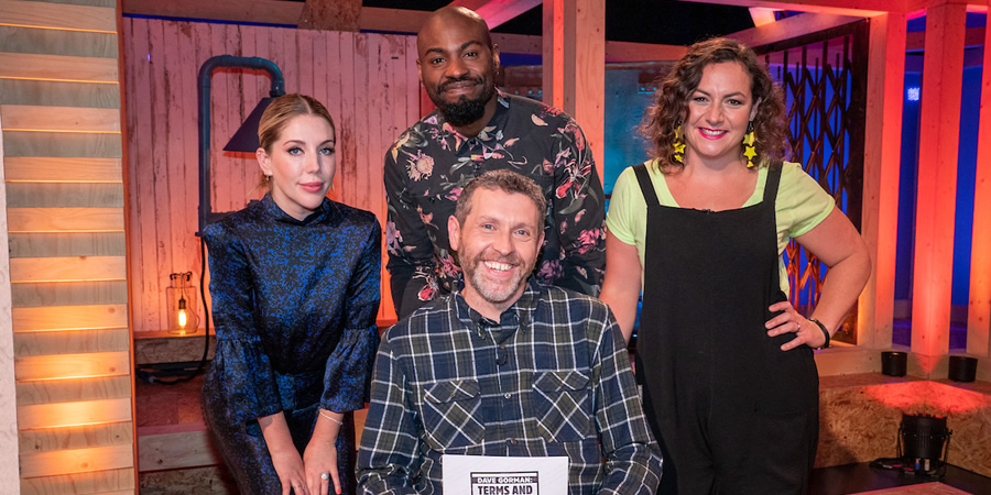 Dave Gorman: Terms And Conditions Apply. Image shows from L to R: Katherine Ryan, Darren Harriott, Dave Gorman, Jessica Fostekew. Copyright: Avalon Television