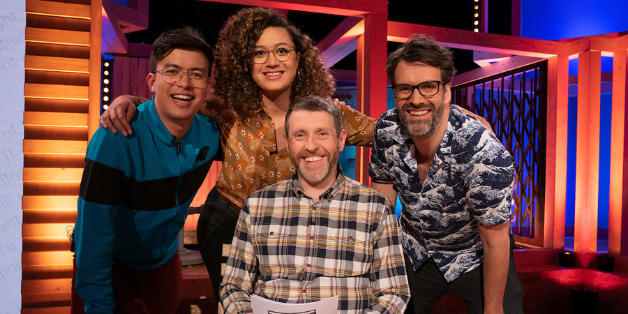 Dave Gorman: Terms And Conditions Apply. Image shows from L to R: Phil Wang, Rose Matafeo, Dave Gorman, Marcus Brigstocke. Copyright: Avalon Television