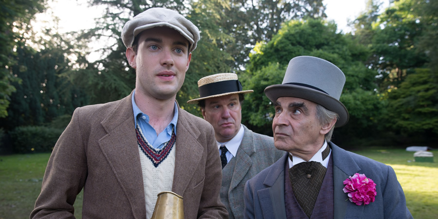 Decline And Fall. Image shows from L to R: Paul Pennyfeather (Jack Whitehall), Captain Grimes (Douglas Hodge), Dr Fagan (David Suchet)