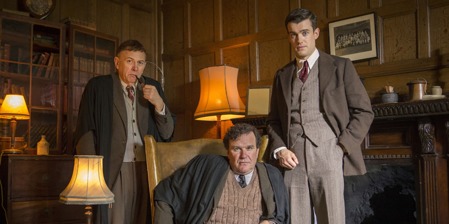 Decline And Fall. Image shows from L to R: Predergast (Vincent Franklin), Captain Grimes (Douglas Hodge), Paul Pennyfeather (Jack Whitehall)