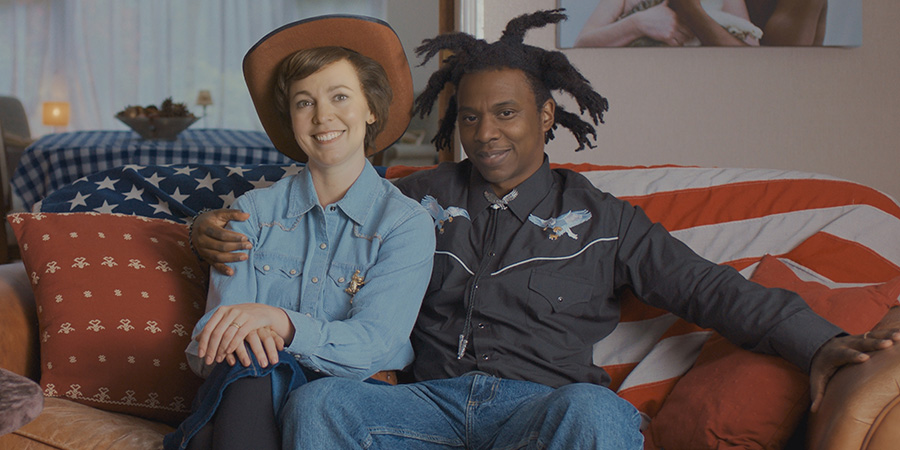 Deep Fake Neighbour Wars. Image shows left to right: Olivia Colman (Katia Kvinge), Jay-Z (Darrell Amory)