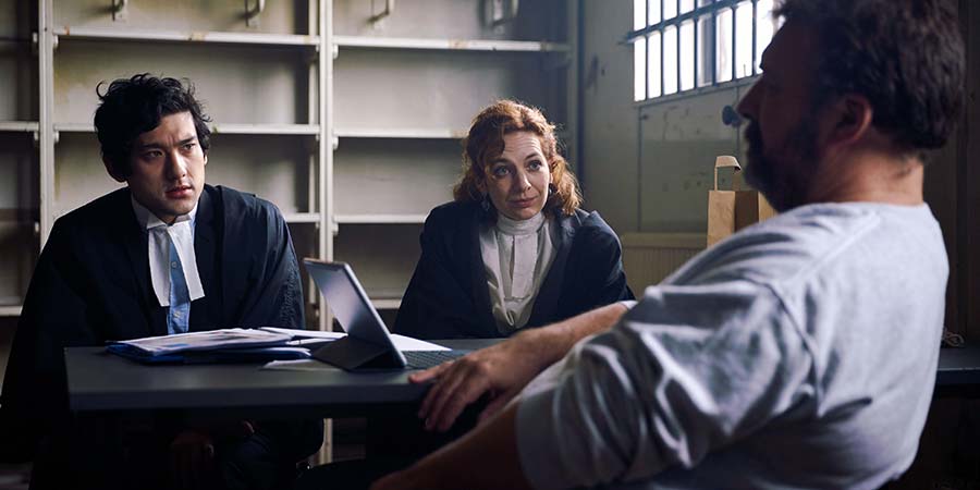 Defending The Guilty. Image shows from L to R: Will Packham (Will Sharpe), Caroline Bratt (Katherine Parkinson), Mike (Ian Burfield). Copyright: Big Talk Productions Defending The Guilty. Image shows from L to R: Will Packham (Will Sharpe), Caroline Bratt (Katherine Parkinson), Mike (Ian Burfield). Copyright: Big Talk Productions