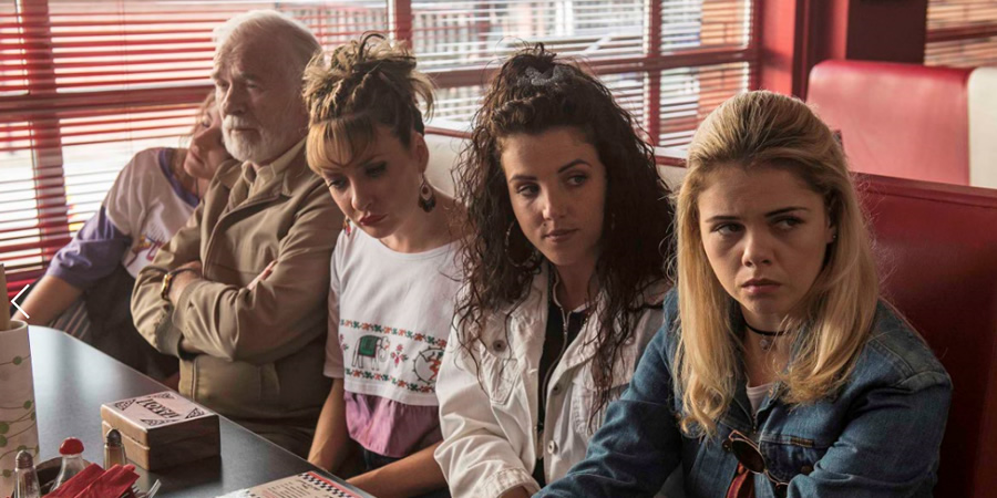 Derry Girls. Image shows from L to R: Orla McCool (Louisa Harland), Granda Joe (Ian McElhinney), Aunt Sarah (Kathy Kiera Clarke), Michelle Mallon (Jamie-Lee O'Donnell), Erin Quinn (Saoirse-Monica Jackson). Copyright: Hat Trick Productions