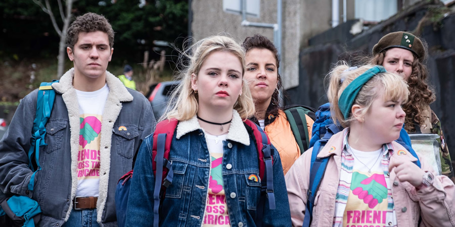 Derry Girls. Image shows from L to R: James Maguire (Dylan Llewellyn), Erin Quinn (Saoirse-Monica Jackson), Michelle Mallon (Jamie-Lee O'Donnell), Clare Devlin (Nicola Coughlan), Orla McCool (Louisa Harland). Copyright: Hat Trick Productions