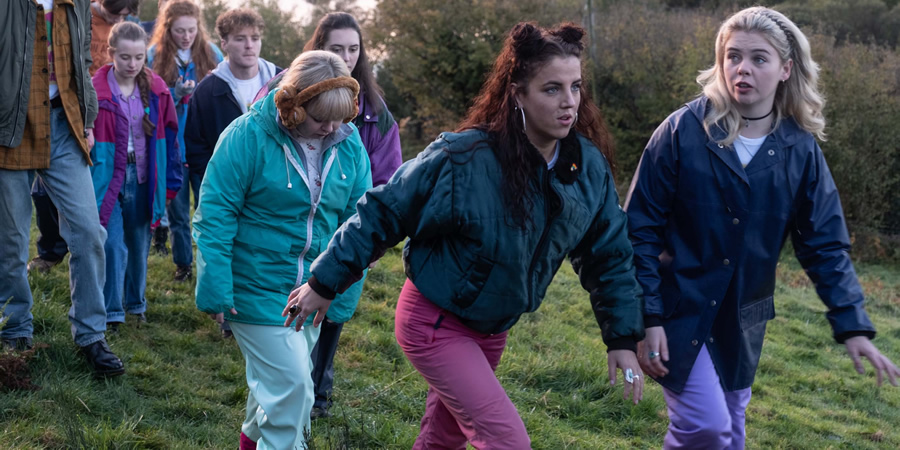 Derry Girls. Image shows from L to R: Clare Devlin (Nicola Coughlan), Michelle Mallon (Jamie-Lee O'Donnell), Erin Quinn (Saoirse-Monica Jackson). Copyright: Hat Trick Productions