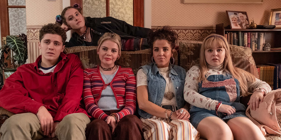 Derry Girls. Image shows from L to R: James Maguire (Dylan Llewellyn), Orla McCool (Louisa Harland), Erin Quinn (Saoirse-Monica Jackson), Michelle Mallon (Jamie-Lee O'Donnell), Clare Devlin (Nicola Coughlan). Copyright: Hat Trick Productions