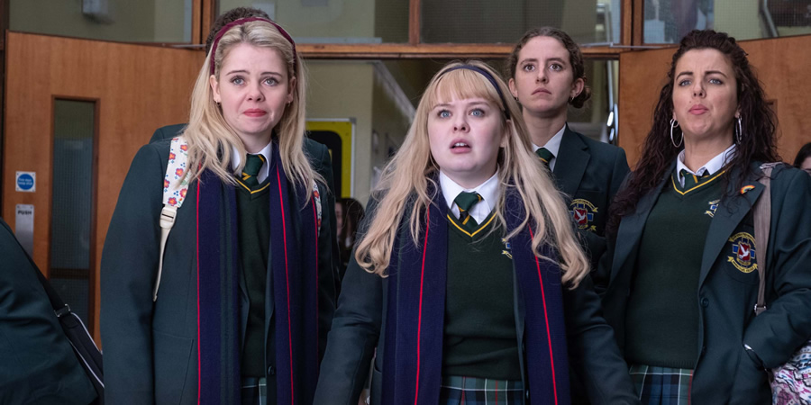 Derry Girls. Image shows from L to R: Erin Quinn (Saoirse-Monica Jackson), Clare Devlin (Nicola Coughlan), Orla McCool (Louisa Harland), Michelle Mallon (Jamie-Lee O'Donnell). Copyright: Hat Trick Productions